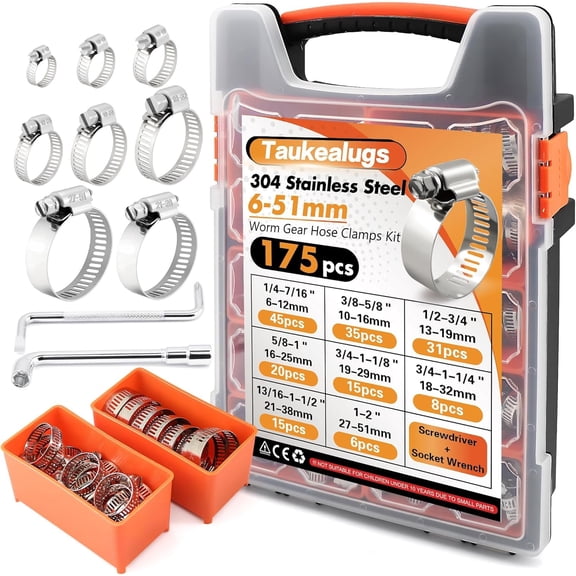 304 Stainless Steel Worm Gear Hose Clamps Assortment kit 175PCS 1/4 to 2 in | 8 Sizes Clamps Set for Radiator,Heater,Automotive, Marine,Fuel Line, Plumbing & DIY, Pipe,Tube, Coolant, Garden W/Case
