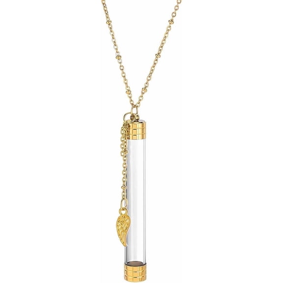 304 Stainless Steel with Clear Glass Column Pendant Urn Ashes Necklaces with Alloy Wing Pendants Golden 24.41 inch(62cm)