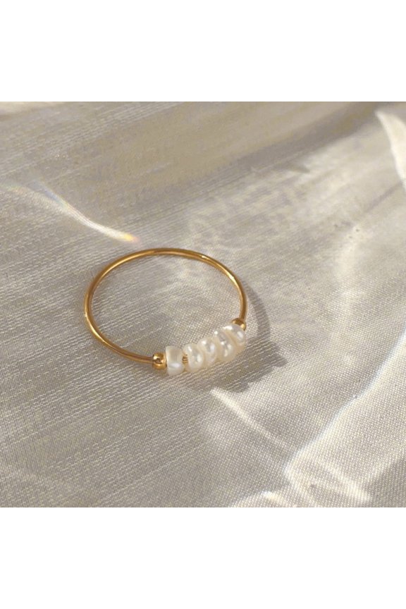 304 Stainless Steel with Natural Baroque Pearl Rondelle Beaded Finger Rings Golden Size 9(18.9mm)