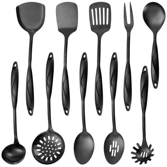 304 Stainlss Steel Kitchen Utensils Set, 10 Pcs Metal Cooking Utensil, Matte Kitchen Gadget Cookware and Kitchen Tool Set, Dishwasher Safe(Black)
