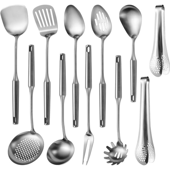 304 Stainlss Steel Kitchen Utensils Set, 11 Pcs Long Metal Cooking Utensil Gadgets Tools Set with Spatula, Ladle, Spoon, Ladle, Skimmer, Tunner, Pasta Server, Tongs(Silver, Dishwasher Safe)