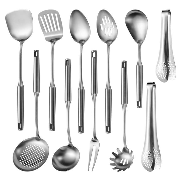 304 Stainlss Steel Kitchen Utensils Set, 11 Pcs Long Metal Cooking Utensil Gadgets Tools Set with Spatula, Ladle, Spoon, Ladle, Skimmer, Tunner, Pasta Server, Tongs(Silver, Dishwasher Safe) Y101