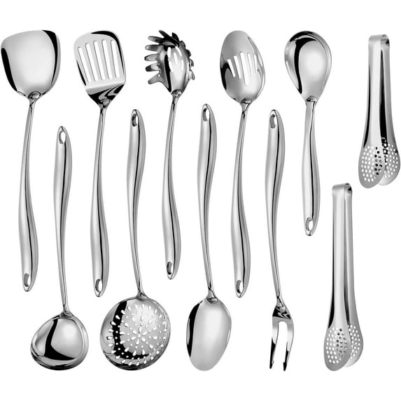 304 Steel Kitchen Utensils Set, 11 Pcs Long Metal Cooking Utensil Gadgets Tools Set with Spatula, Spoon, Ladle, Skimmer, Turner, Pasta Server, Tongs(Mirror Polished, Dishwasher Safe)