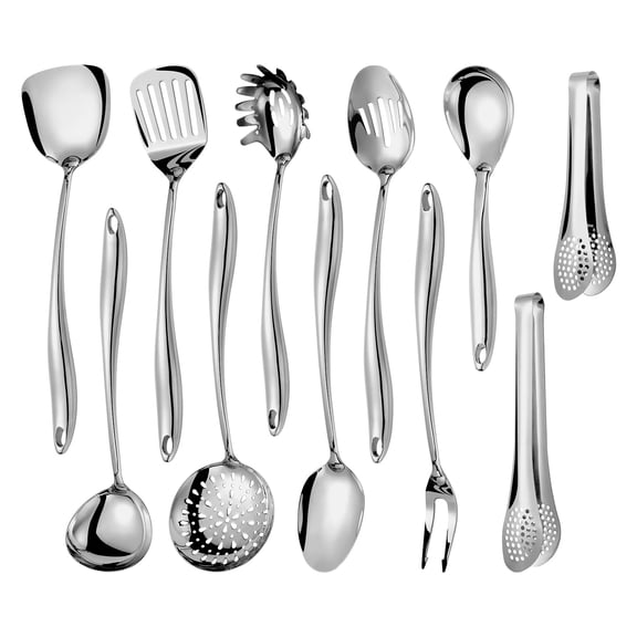 304 Stainlss Steel Kitchen Utensils Set, 11 Pcs Long Metal Cooking Utensil Gadgets Tools Set with Spatula, Spoon, Ladle, Skimmer, Turner, Pasta Server, Tongs(Mirror Polished, Dishwasher Safe)