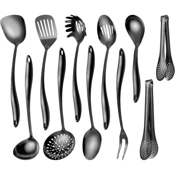 304 Stainlss Steel Matte Kitchen Utensils Set, 11 Pcs Long Metal Cooking Utensil Gadgets Tools Set with Spatula, Ladle, Spoon, Skimmer, Turner, Pasta Server, Tongs(Black, Dishwasher Safe)