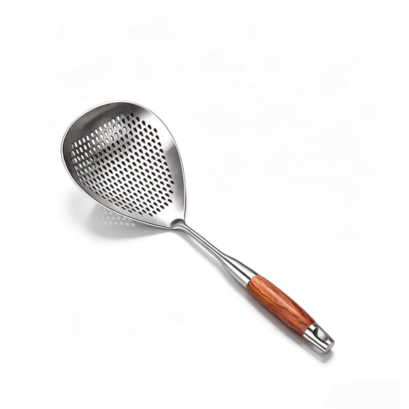 304 Wooden Handle Stainless Steel Skimmer, Wooden Handle Slotted Strainer Ladle for Deep Frying Pasta Dumpling Cooking, Home Kitchen Use