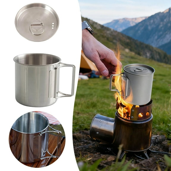 304 stainless steel Camping Cookware 750ML Titanium Pot Kits With lid, foldable handle, can be heated with open flame Portable Pot for Backpacking Hiking Traveling and Picnic,
