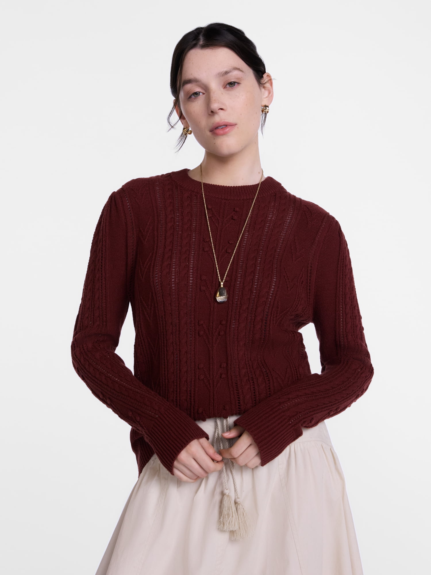 Scenario Women's Pointelle Sweater with Long Puff Sleeves, Lightweight, Sizes XS-XXXL