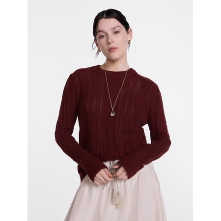 Scenario Women's Pointelle Sweater with Long Puff Sleeves, Lightweight, Sizes XS-XXXL