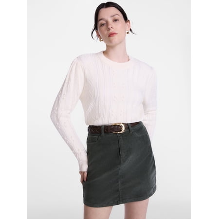Scenario Women's Pointelle Sweater with Long Puff Sleeves, Lightweight, Sizes XS-XXXL