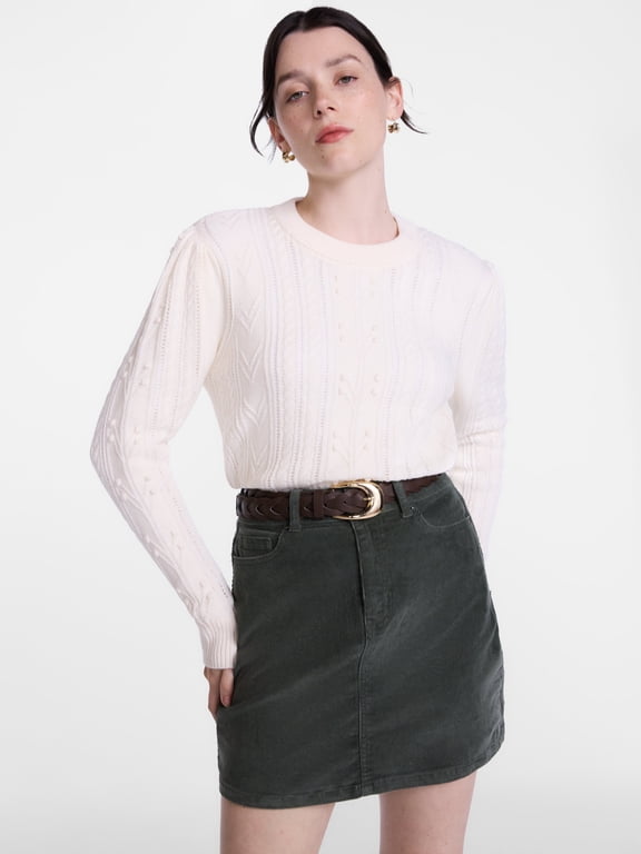 Women's Pointelle Sweater with Long Puff Sleeves, Lightweight, Sizes XS-XXXL