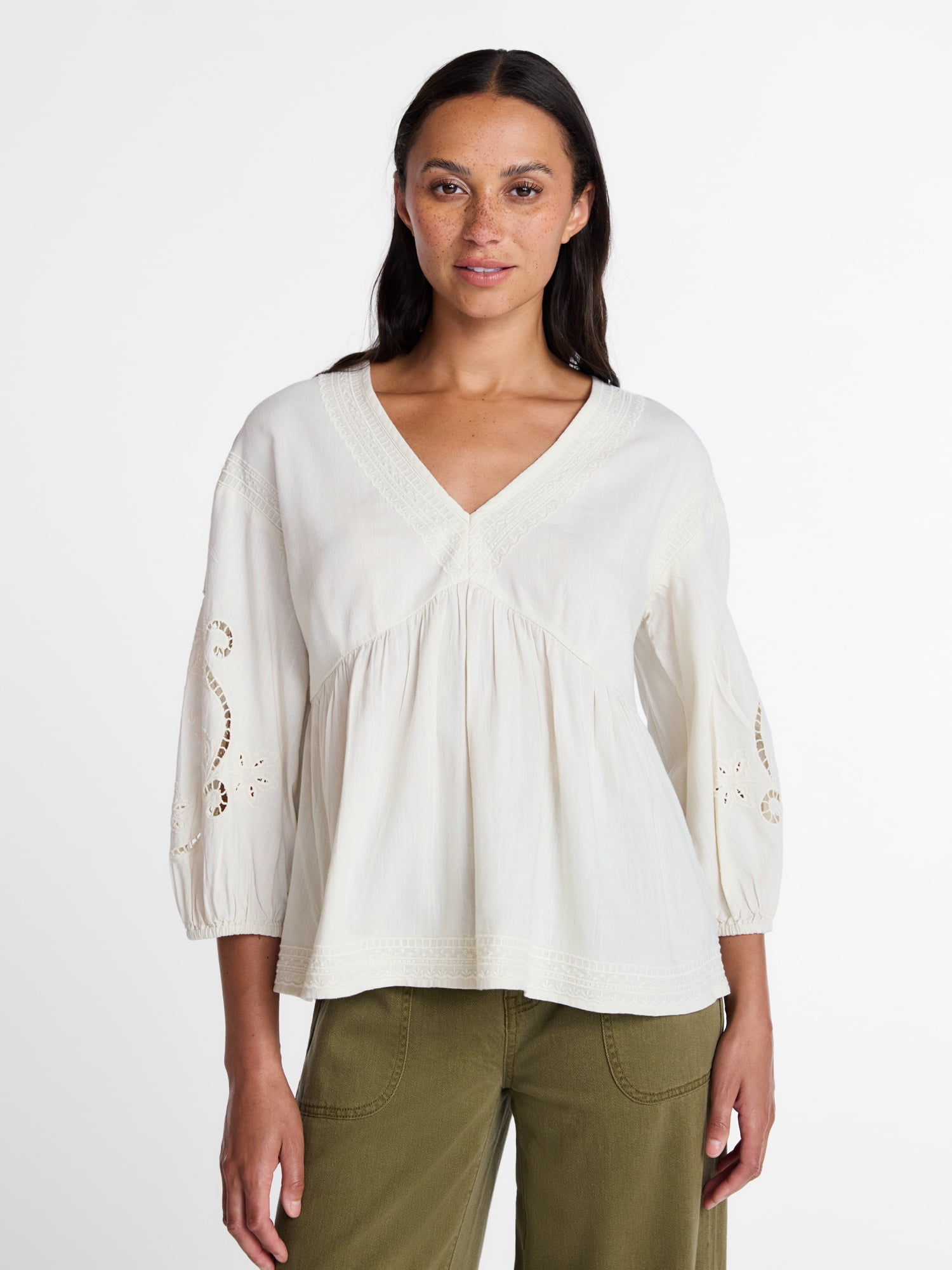 Time and Tru Women's Embroidered Poet Blouse with Long Bishop Sleeves, Sizes XS-XXXL