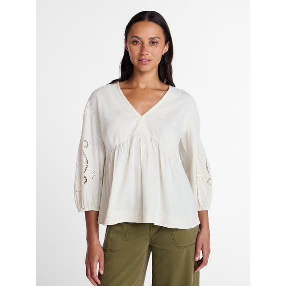 Time and Tru Women's Long Sleeve Poet Sleeve Broderie Anglaise Top, Sizes XS-XXXL