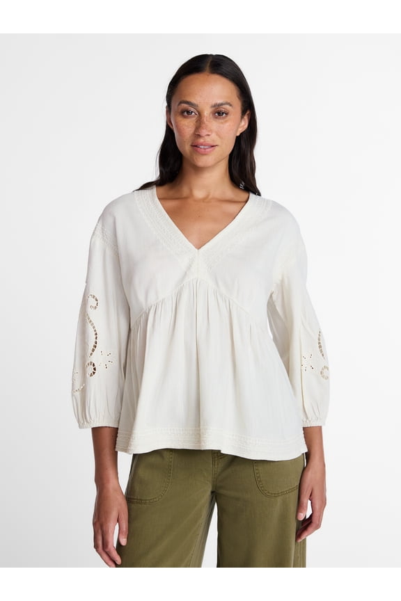 Women's Long Sleeve Poet Sleeve Broderie Anglaise Top, Sizes XS-XXXL