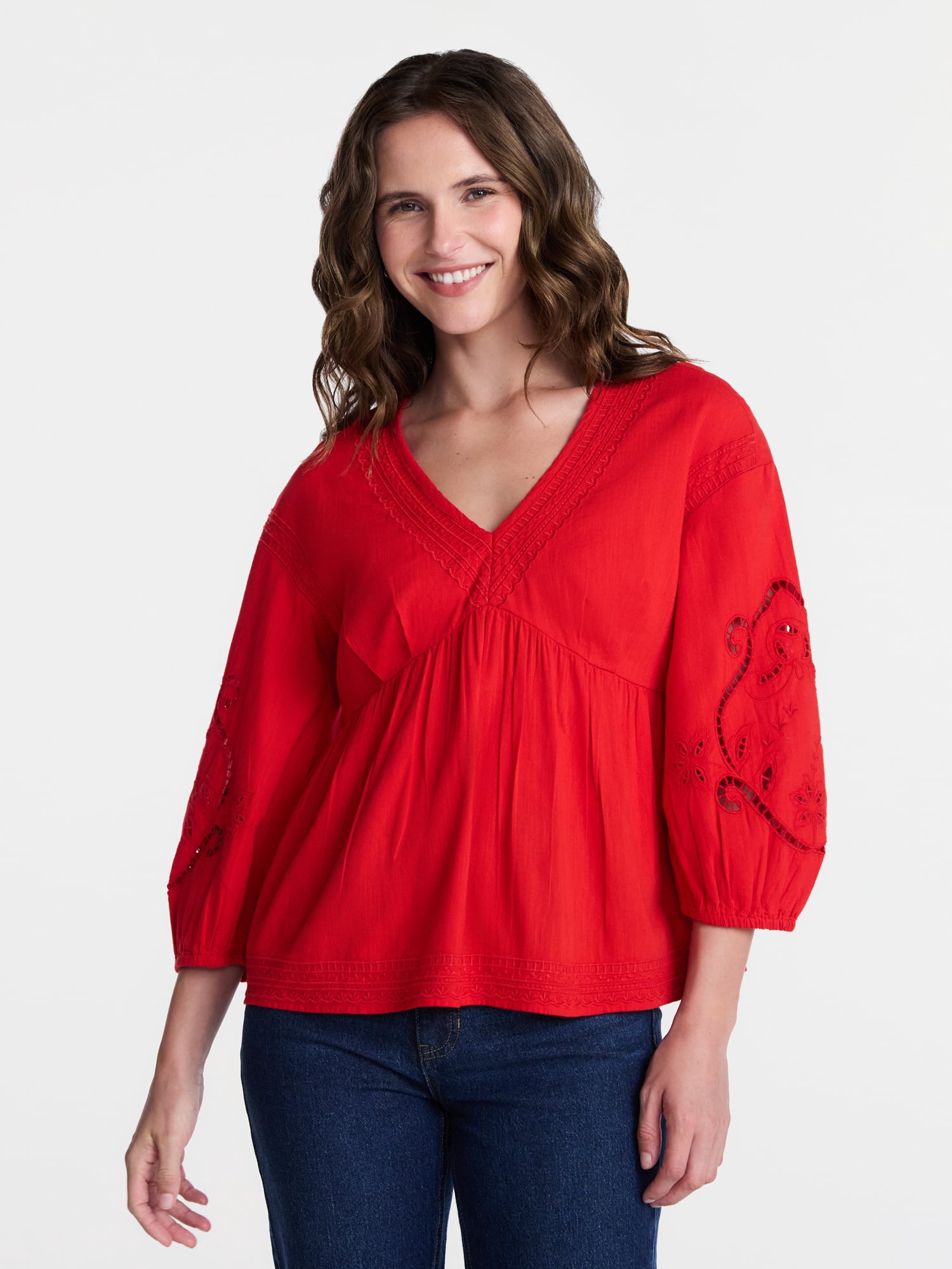 Time and Tru Women's Long Sleeve Poet Sleeve Broderie Anglaise Top, Sizes XS-XXXL