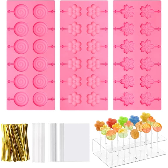 304pcs Lollipop Silicone Molds Kit, Pink Lollipop Candy Molds with 15 Holes, Acrylic Stand, 100pcs Sticks, Bags, Ties