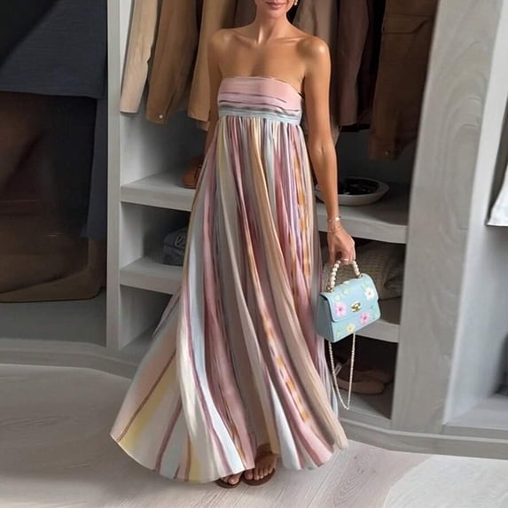 30559 color Womens Colorful Striped Pleated Strapless Maxi Dress, Flowy