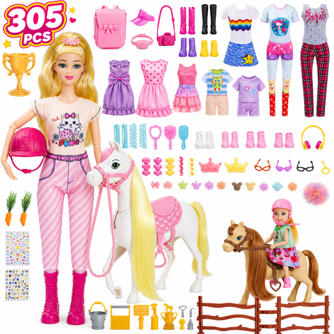 LXUNLN 305PCS Doll Accessories & Doll Clothes Playset with 2 Horses, Girl Toys for 11.5" Dolls Ages 3+