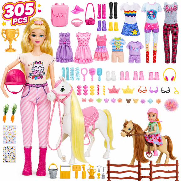 LXUNLN 305PCS Doll Accessories & Doll Clothes Playset with 2 Horses, Girl Toys for 11.5" Dolls Ages 3+