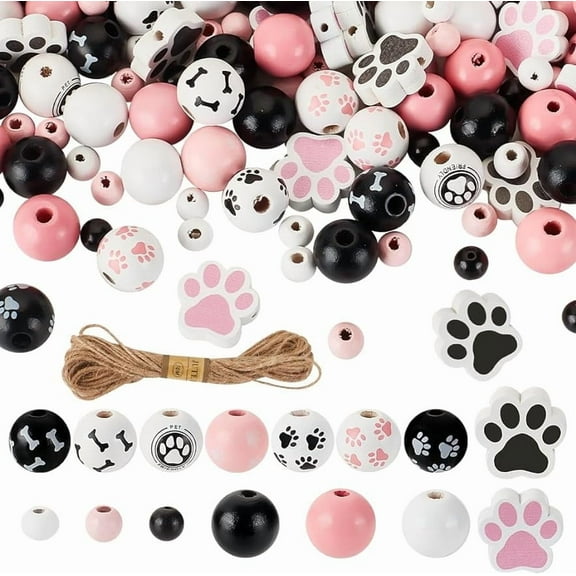 305Pcs 15 Style Paw Wooden Beads Dog Bone Wood Beads Black White Dog Footprint Beads Pink Paw Wooden Craft Beads Pet Loose Spacer Beads with 11 Yards Cord