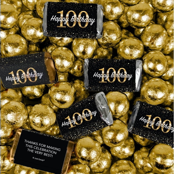 210 pcs 100th Birthday Candy Milestone Elegant Birthday Bash Assorted Wrapped Chocolate Miniatures and Milk Chocolate Gold Foil Ball Mix (4.86lb)