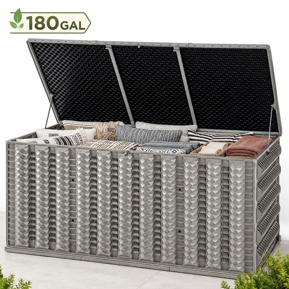 Seizeen 180 Gallon Outdoor Storage Box, Waterproof Lockable Resin Deck Box with Diamond-Textured Panels, Wheels, Soft-Close Lid, Reinforced Frame and 700 lbs Storage Bench