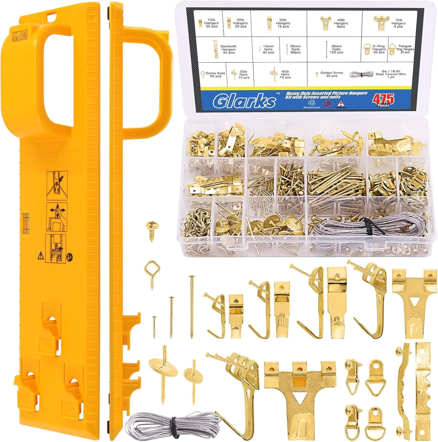 307Pcs Picture Hanging Kit, Picture Frame Hanger Tool with Level Ruler and 306Pcs Nails, H s, Hanging Wire, Screw Eyes, D Ring and Sawtooth Hanger for Frame Hanging Wall Mounting