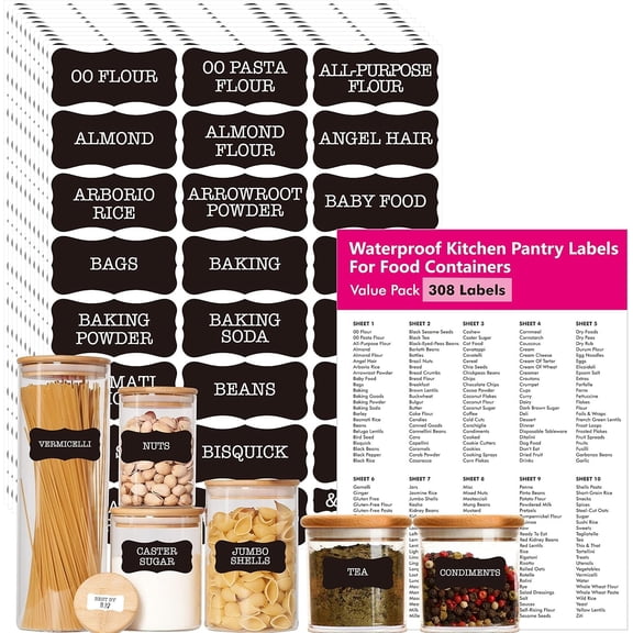 308 Pantry Labels, 280 Preprinted Flour Pasta Lentil Grain Condiment Oil Stickers, 28 Blank Ones, Oil& Resistant, No for Kitchen Containers Jars(White Black)