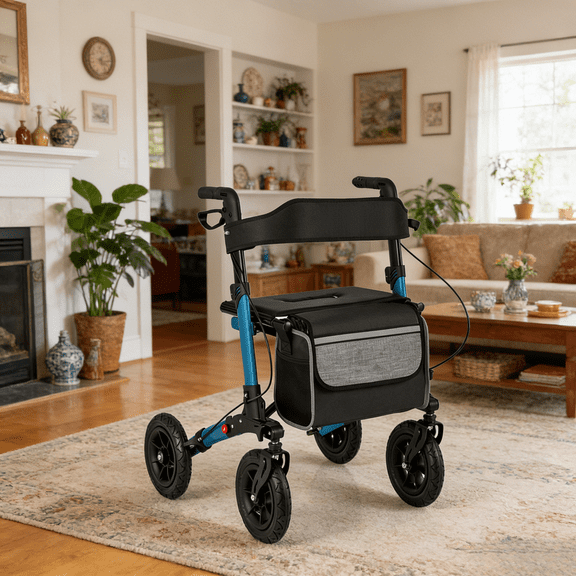 308lbs Foldable Rolling Walker 9" All Terrain Tires 7-Level Height 32.1"-38.2" Wide Seat Aluminum Frame Transport Chair Senior Mobility Aid Pneumatic Wheels Adjustable Handle  Walker Navy Blue