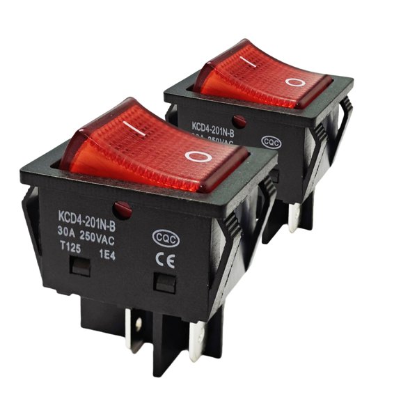 30A 250V DPST Rocker Switch Red Lighted 2 Pack Heavy Duty