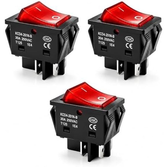 30A 250V KCD4 DPST Heavy Duty 120V Rocker with Red LED Light 4 Pin Off Toggle T125(3 Pack)