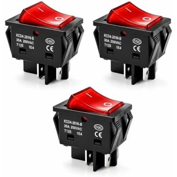 30A 250V KCD4 DPST Heavy Duty 120V Rocker with Red LED Light 4 Pin Off Toggle T125(3 Pack)