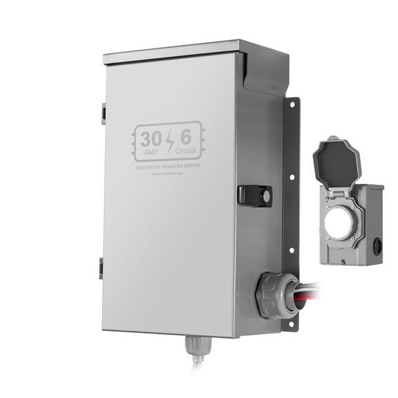 30A 6-Circuit Pre-Wired Manual Generator Transfer Switch Kit, 7500W Double Throw Power Changeover Switch, NEMA L14-30P Power Inlet Box, NEMA 3R Enclosure with Mechanical Watt Meter