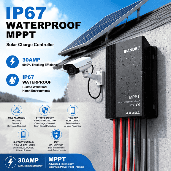 30A MPPT Solar Charge Controller 12V/24V Auto,IP67 Waterproof,99% Efficiency,LED Indicator,Compatible with Sealed, Gel,Flooded,Lead-Acid/Lithium Batteries,Solar Panel Regulator for Home RV Marine