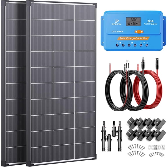 30A PWM Charge Controller, 25% High Efficiency Mono Offgrid Power System for 12V/24V Battery, 11AWG Cables Y-connectors for RV Boat Camper Cabin with 2 * 110W Solar Panel Kit