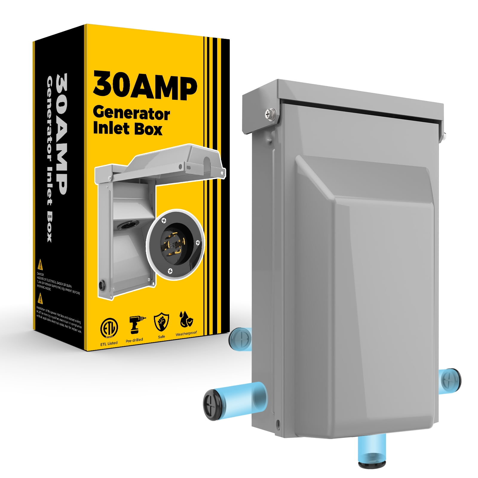 Pre-Drilled 3R Heavy Duty Generator Inlet Box, 30Amp NEMA L14-30P Power Inlet Box, for 4-Prong Generator Cord, 125/250V,3750/7500W, ETL Listed, Waterproof for Outdoor Use