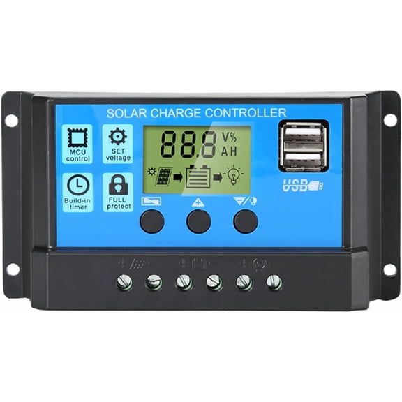 30A Solar Charge Controller, 12V/24V Dual USB Panel Battery Intelligent Regulator with L Display, PWM Auto Parameter Adjustable, Timer Setting, Multiple Load Control Modes