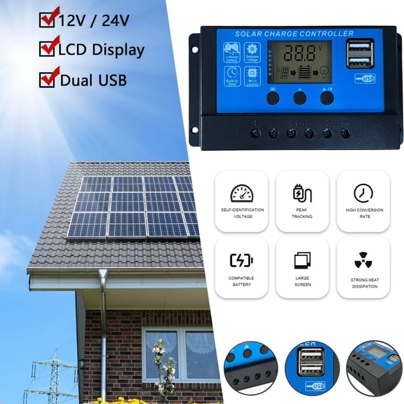 30A Solar Charge Controller for AGM GEL Battery, 12V/24V Auto, LCD Display w/ Dual USB