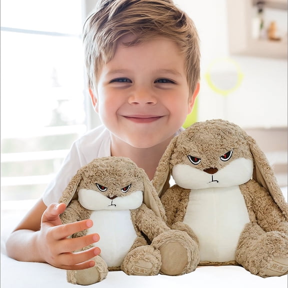 OldSpring 12 Inch Cute Evil-Eyed Bunny Stuffed Animal - Soft Velvet Long-Eared Rabbit Plush Toy, Funny Face Plush for Bedroom Office Shelf Decor, Gift for Kids and Teens (Brown)