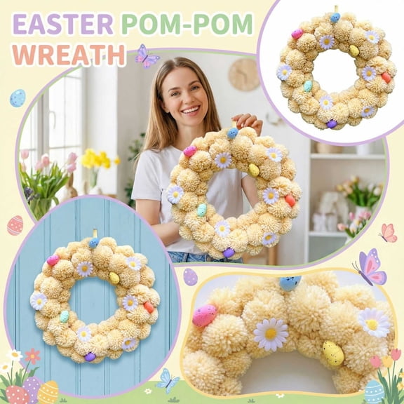30Cm Easter Pom Pom Wreath 1Pc, Easter Egg & Daisy Decorative Wreath, Front Door Garland For Spring Easter Decoration, Indoor Outdoor Festive Easter Wreath, Easter Egg Hunt Party