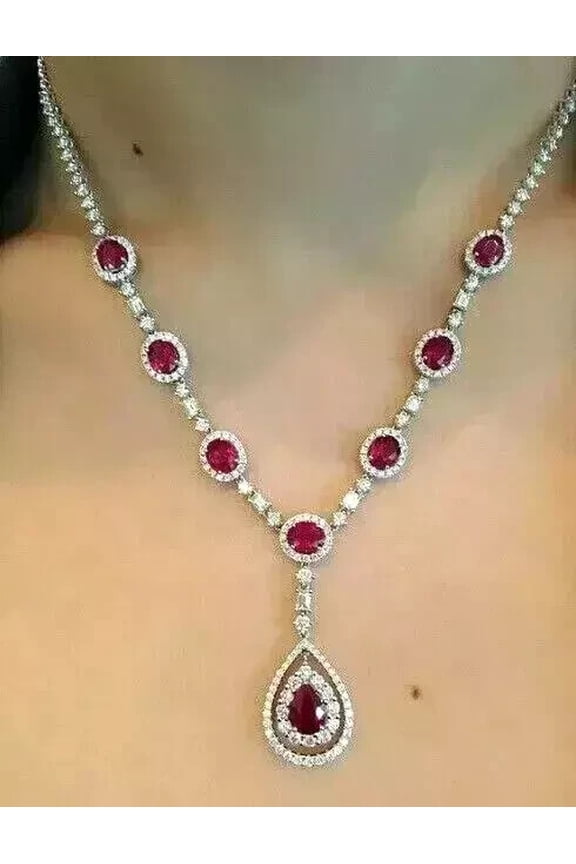 30Ct Pear Cut Lab Created Ruby & Diamond Tennis Necklace 14k White Gold Plated 18"