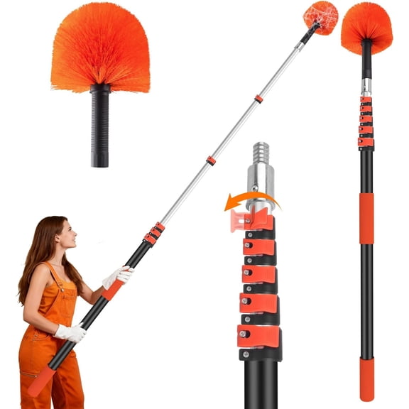30FT Cobweb Duster with Extension Pole - High Duster for High Ceilings & Outdoor Use - Telescoping Pole 5-24 Ft, Soft Bristles Cobweb Cleaner - 3/4" Acme Thread