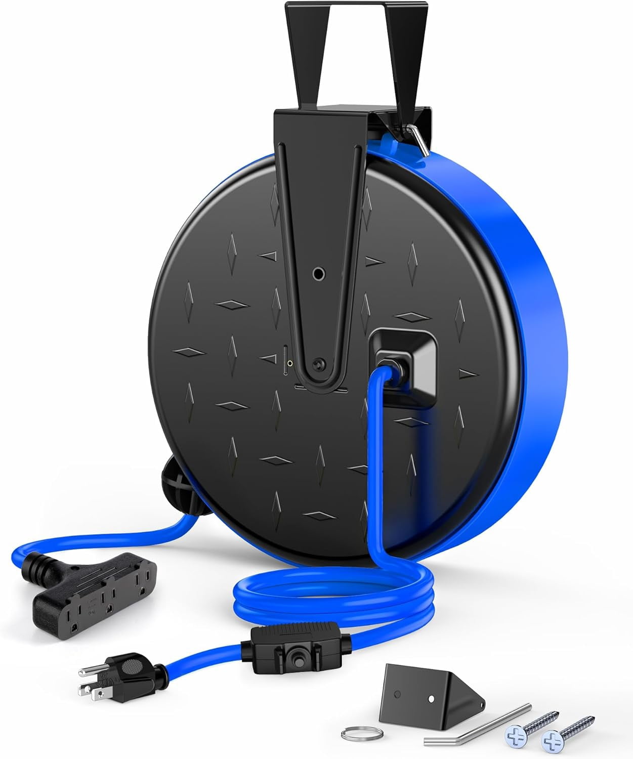 30FT Extension Cord Reel, 16/3 Gauge SJTW Power Cord, Retractable Cord Reel with 3 Outlets, Ceiling/Wall Mount for Garage, Workshop, 10A Circuit Breaker, Metal Plate, UL Listed, Blue