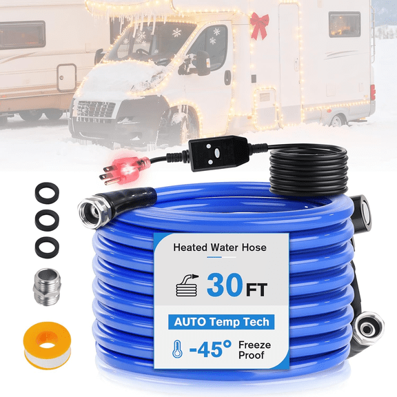 30FT Heated Water Hose for RV -45F Anti-Freeze with Auto Thermostat