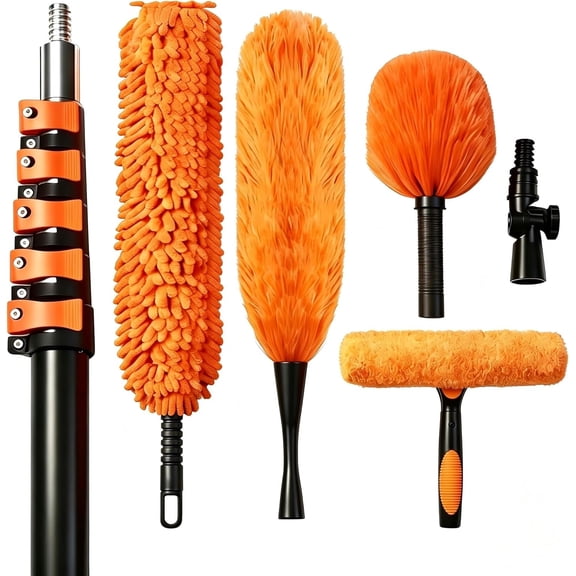 30FT High Duster Kits with Action Flip-Lock & Screw Fixing Design, 5-24FT Extension Pole, Cobweb Duster, Washable Ceiling Fan Cleaner & Window for Glass & High Roof