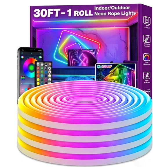 30FT RGB Flexible Neon LED Rope Lights, IP65 Waterproof Indoor & Outdoor Light Strip, Bluetooth App & Remote Dual Control, Multi Lighting Modes, Music Sync Color Changing Gaming Lights for Bedroom