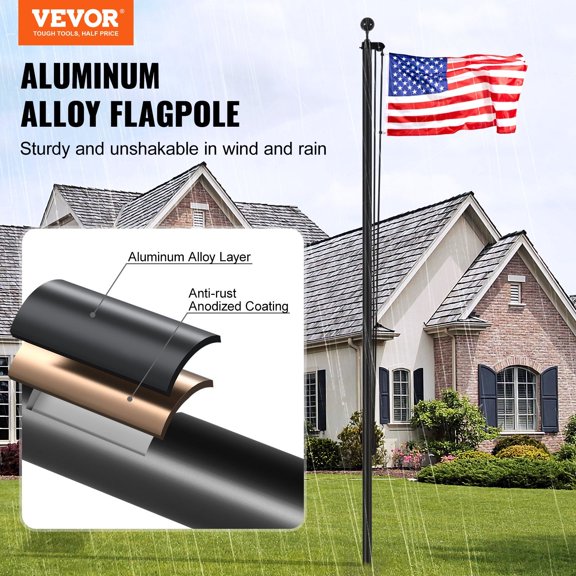 30FT Sectional Flag pole Kit,Heavy Duty Aluminum Alloy in Ground Flag poles for Outside,3 Display Modes Flagpole with 3x5 American Flag,Professional Accessories,Black