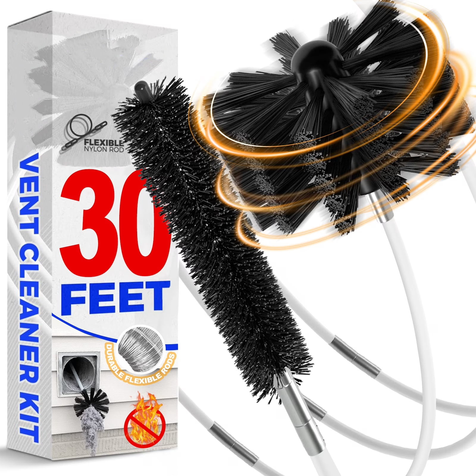 30Feet Dryer Vent Cleaner Kit , Dryer Vent Hose Cleaning Brush , Flexible Dryer Lint Remover , Synthetic Brush Head Use with or Without a Power Drill, Dryer Vent Cleaning Kit