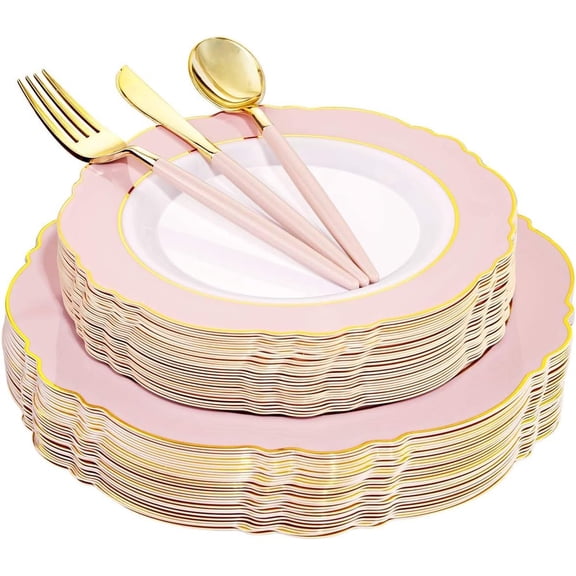 30Guest Pink Plates Disposable - Hign-end Baroque Design - Gold Plastic Silverware with Handle-Baroque Pink &Gold Plastic Dinnerware for Baby Shower Wedding Spring Easter