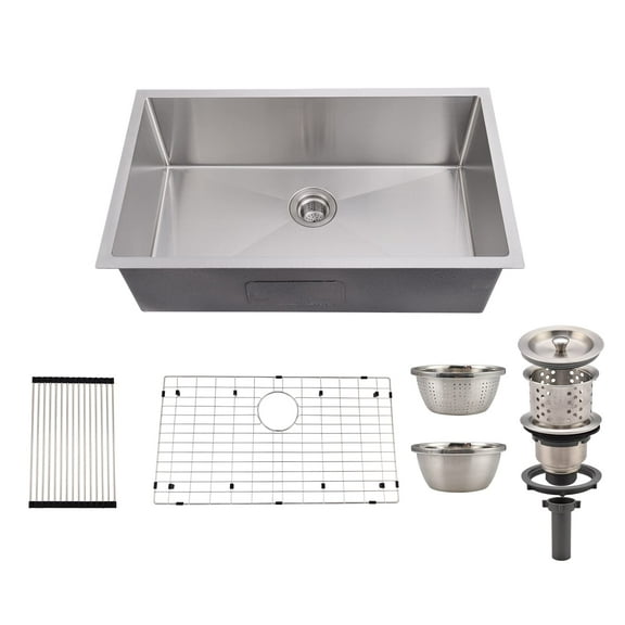 30Inch/32 Inch Undermount Single Bowl Kitchen Sink, 16 Gauge Stainless Steel with Accessories - Easy Drainage, Low Noise, Commercial Grade Brushed Finish, Brushed Nickel